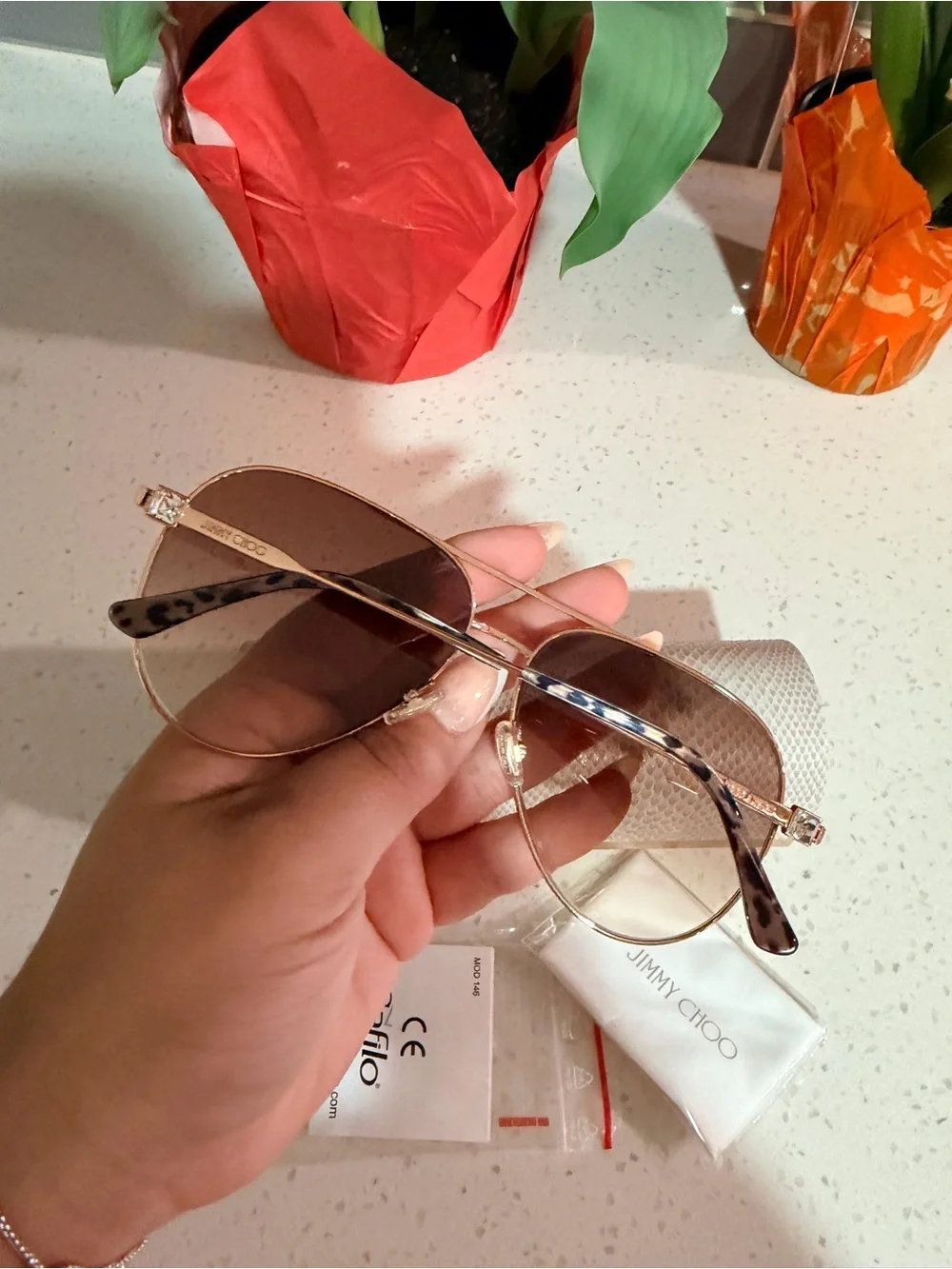 Jimmy Choo Rose Gold Aviator Sunglasses with Brown Gradient Lenses